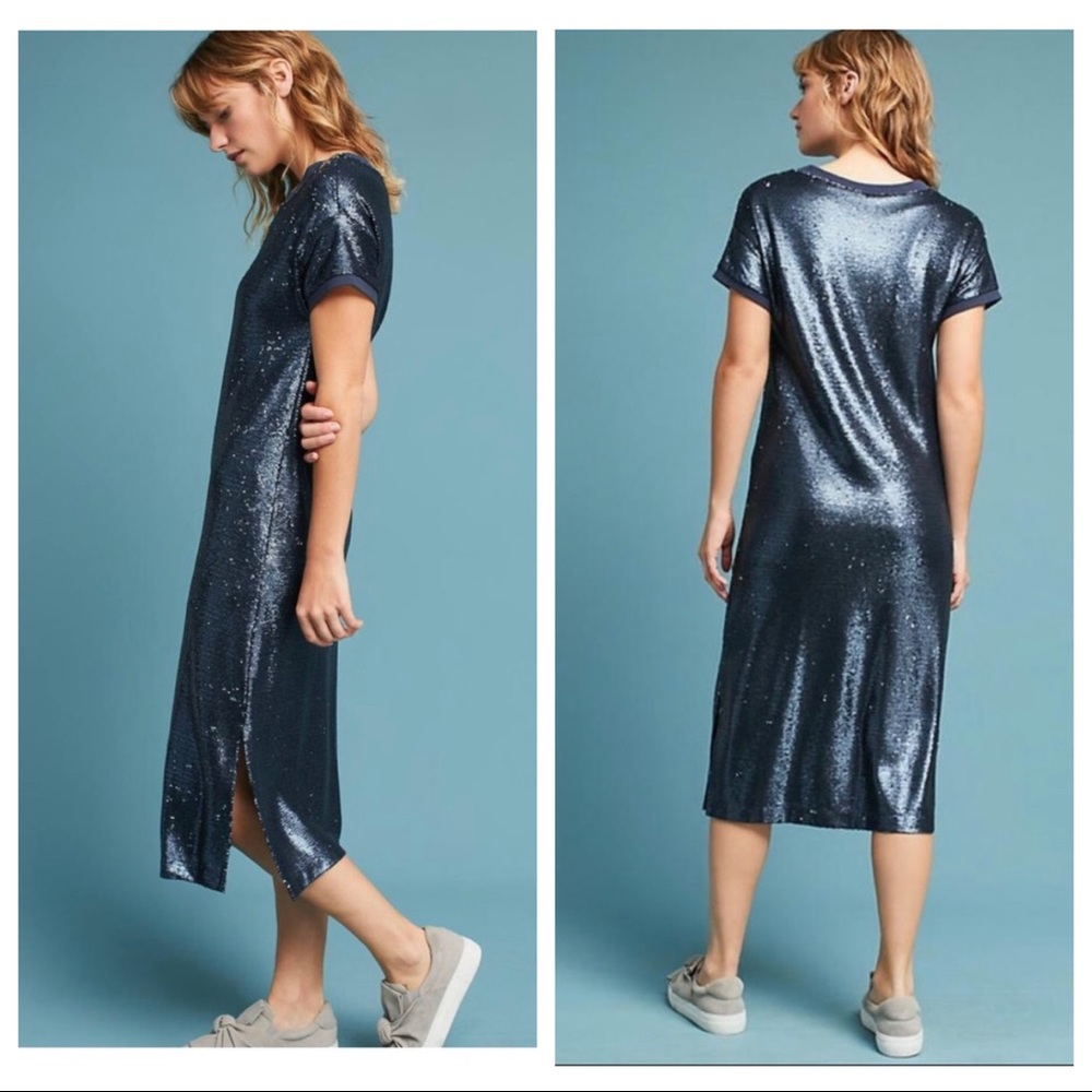 Moulinette Soeurs interstellar blue sequin short sleeve midi shift dress